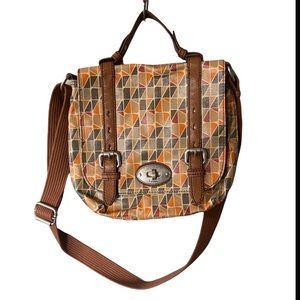 Fossil Key Per Geometric Canvas + Leather Satchel Crossbody with Keyfobs